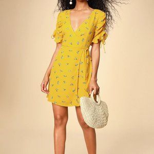 Yellow Floral Print Ruffled Wrap Dress